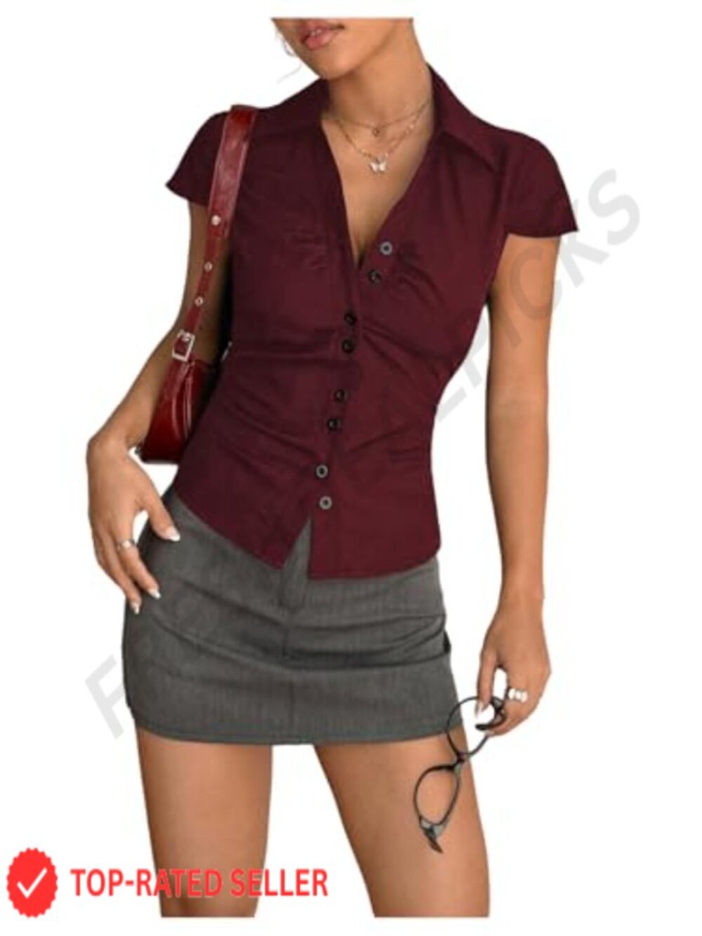 Women's Ruched Button Down Blouse Short Sleeve Tie Back Slim Fit